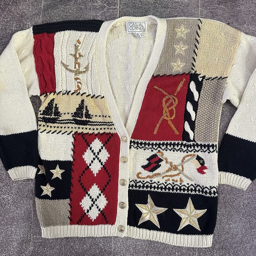 Women's Vintage 90's Casual Corner Nautical Sailing Knit Cardigan Sweater Sz M